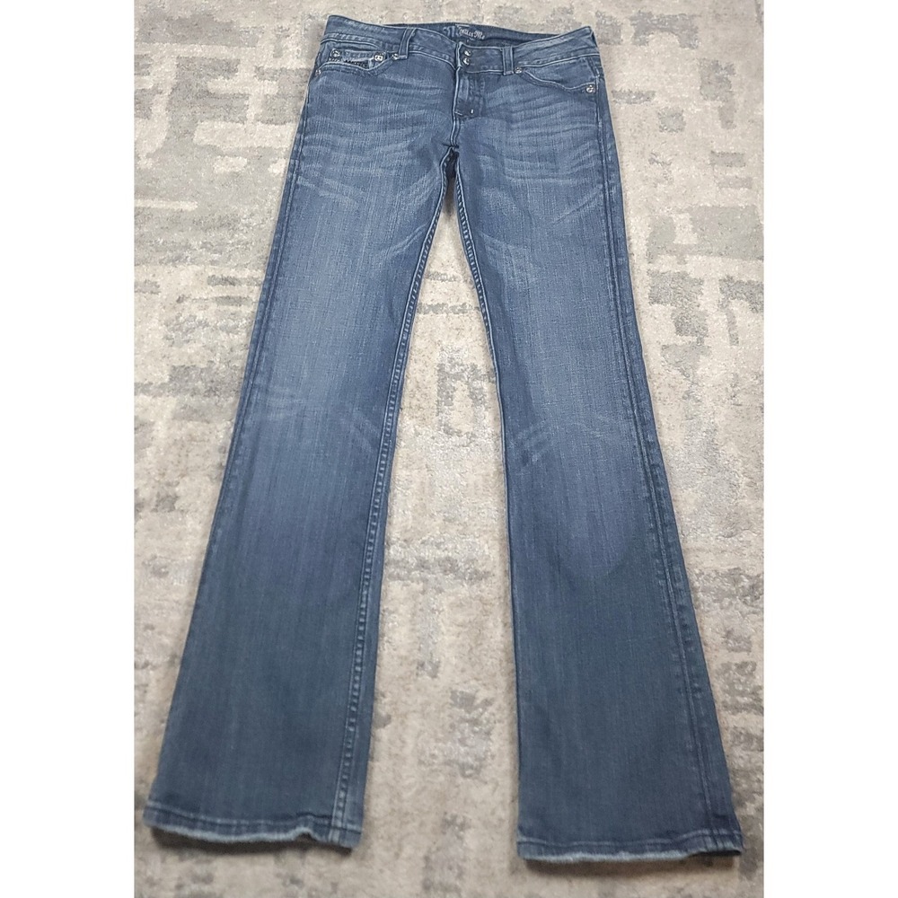 Miss Me Women's Bootcut Blue Denim Flap Pockets Low-Rise Rhinestone Jeans‎ 33x33